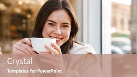  Presentation with tea cake - Beautiful slide set featuring cheerful-young-woman-having-tea backdrop and a coral colored foreground