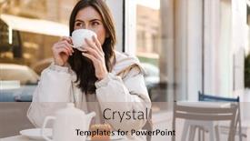  Presentation with tea cake - Presentation design with cheerful-young-woman-having-tea background and a coral colored foreground