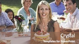  Presentation with mini birthday cake celebration - Colorful slide deck enhanced with cheerful young woman holding birthday backdrop and a tawny brown colored foreground