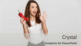  Presentation with cheerful - Cool new PPT theme with cheerful young woman holding chili backdrop and a light gray colored foreground