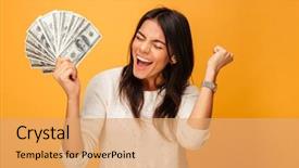  Presentation with banknotes - PPT theme having cheerful young woman holding money background and a coral colored foreground