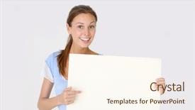 Presentation with whiteboard - Slides consisting of cheerful young woman holding whiteboard isolated background and a cream colored foreground