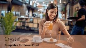  Presentation with taking notes - Slide set with cheerful-young-woman-in-coffee background and a coral colored foreground