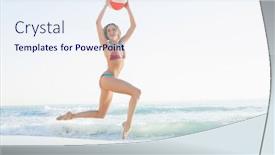  Presentation with beach ball - Beautiful presentation featuring cheerful young woman jumping on beach holding a beach ball backdrop and a sky blue colored foreground