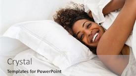  Presentation with being a single woman - Audience pleasing presentation theme consisting of cheerful-young-woman-lying backdrop and a light gray colored foreground