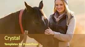  Presentation with horse - Beautiful PPT theme featuring cheerful young woman petting horse backdrop and a tawny brown colored foreground
