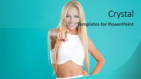  Presentation with finger - Slide deck featuring cheerful young woman pointing finger background and a teal colored foreground
