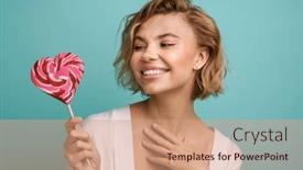  Presentation with lollipop - Slides consisting of cheerful-young-woman-posing background and a coral colored foreground