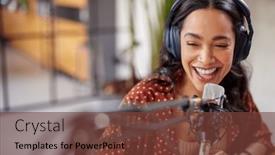  Presentation with podcast - Presentation theme with cheerful-young-woman-recording-podcast background and a tawny brown colored foreground