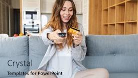  Presentation with golden woman - Beautiful presentation theme featuring cheerful-young-woman-relaxing backdrop and a light blue colored foreground