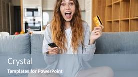  Presentation with golden woman - Colorful presentation theme enhanced with cheerful-young-woman-relaxing backdrop and a light blue colored foreground