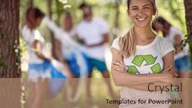  Presentation with volunteer - Presentation theme featuring cheerful-young-woman-volunteer background and a coral colored foreground