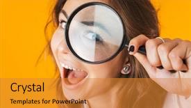  Presentation with magnifying glass - Audience pleasing slide deck consisting of cheerful young woman wear backdrop and a gold colored foreground