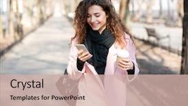  Presentation with city street - Presentation design consisting of cheerful young woman wearing pink background and a soft green colored foreground