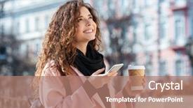  Presentation with takeaway coffee - Beautiful PPT theme featuring cheerful young woman wearing pink coat with takeaway coffee and looking up while using her phone in the street backdrop and a coral colored foreground