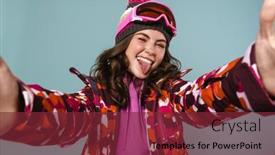  Presentation with snowboard - Presentation theme enhanced with cheerful-young-woman-wearing-snowboard background and a tawny brown colored foreground