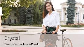  Presentation with city street - PPT theme with cheerful-young-woman-wearing-summer background and a soft green colored foreground