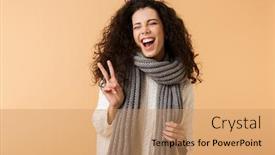  Presentation with peace - Cool new presentation with cheerful young woman wearing winter scarf standing isolated over beige background showing peace gesture backdrop and a coral colored foreground