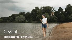  Presentation with summer time - PPT theme consisting of cheerful-young-woman-with-long background and a gray colored foreground