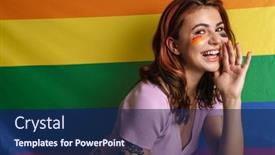  Presentation with rainbow flag - Slides enhanced with cheerful-young-woman-with-makeup background and a navy blue colored foreground