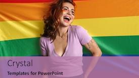 Presentation with rainbow flag - Beautiful slides featuring cheerful-young-woman-with-makeup backdrop and a coral colored foreground