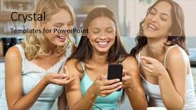  Presentation with mobile home - Colorful slides enhanced with cheerful young women looking at pictures in mobile phone at home backdrop and a coral colored foreground