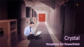  Presentation with data center - Slide deck having cheering businessman sitting using his laptop against data center background and a wine colored foreground