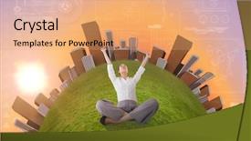  Presentation with sunrise - Beautiful presentation featuring cheering businesswoman sitting cross legged against sunrise sky backdrop and a coral colored foreground