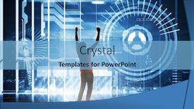  Presentation with hologram - Beautiful PPT theme featuring cheering football fan against hologram interface in office overlooking city backdrop and a light blue colored foreground