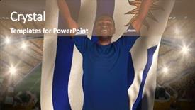  Presentation with football blue - Presentation design with cheering football fan in blue jersey holding urugauy flag against vast football stadium with fans in yellow background and a coral colored foreground