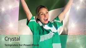  Presentation with football blue - Cool new presentation theme with cheering football fan in green backdrop and a teal colored foreground