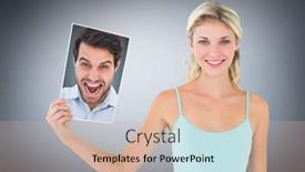  Presentation with camera - Presentation enhanced with cheering man looking at camera against grey vignette background and a soft green colored foreground