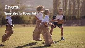  Presentation with coach - Slide deck featuring cheering schoolgirls during sack race background and a violet colored foreground