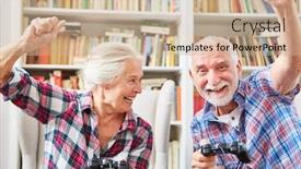  Presentation with senior living - Audience pleasing presentation theme consisting of cheering-senior-couple-plays-video backdrop and a soft green colored foreground