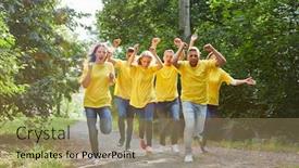  Presentation with teambuilding - Slides enhanced with cheering-start-up-team background and a coral colored foreground