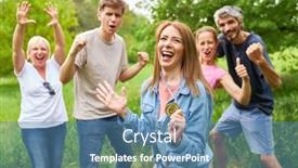  Presentation with medal - Slide set consisting of cheering-team-and-young-woman background and a teal colored foreground