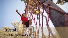  Presentation with obstacle course - PPT theme featuring cheering while climbing a net background and a coral colored foreground