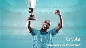  Presentation with trophy - Audience pleasing PPT layouts consisting of cheering while holding trophy backdrop and a  colored foreground