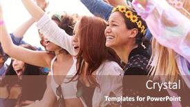  Presentation with outdoor festival - Presentation theme featuring cheering young friends in audience behind barrier at outdoor festival enjoying music background and a tawny brown colored foreground