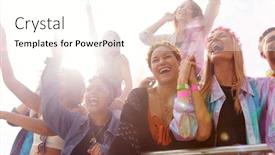  Presentation with outdoor festival - PPT theme having cheering young friends in audience behind barrier at outdoor festival enjoying music background and a cream colored foreground