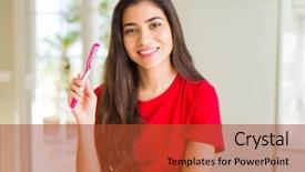  Presentation with tehnical dental - Slide deck having cheery - young woman holding dental toothbrush background and a red colored foreground