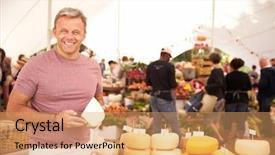  Presentation with market food - Presentation featuring cheese at farmers food market background and a coral colored foreground