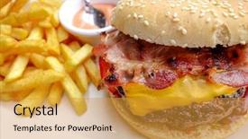  Presentation with fresh fruits salad on white - Colorful presentation enhanced with cheese burger - american cheese burger backdrop and a gold colored foreground