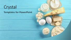  Presentation with dairy products - Presentation having cheese butter - dairy products on wooden background background and a arctic colored foreground