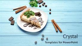  Presentation with blue mint - Beautiful slide set featuring plate with delicious cheesecake chocolate backdrop and a light blue colored foreground