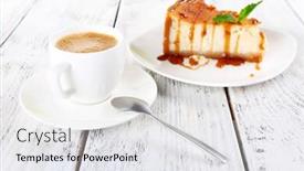  Presentation with cup cake - Audience pleasing slide set consisting of cheese cake and cup of coffee on wooden background backdrop and a white colored foreground