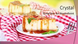  Presentation with tablecloth - Presentation design featuring cheese cake in plate on red tablecloth on nature background background and a blonde colored foreground