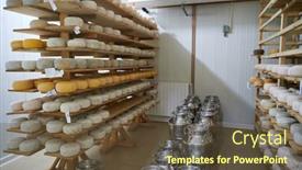  Presentation with aging - Presentation consisting of cheese-factory-production-shelves background and a tawny brown colored foreground