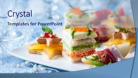  Presentation with appetizers - Slide set with cheese festival - assortment festive appetizers background and a sky blue colored foreground