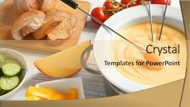  Presentation with catering banquet table different - Audience pleasing PPT theme consisting of cheese fondue in pot and different products on wooden table backdrop and a yellow colored foreground